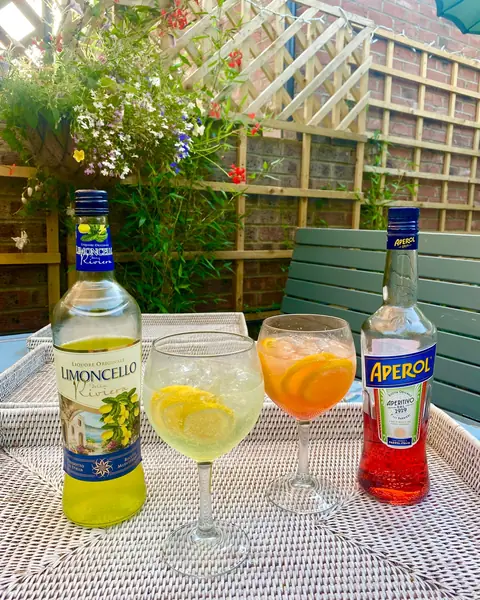 Limoncello and Aperol with glasses in the garden