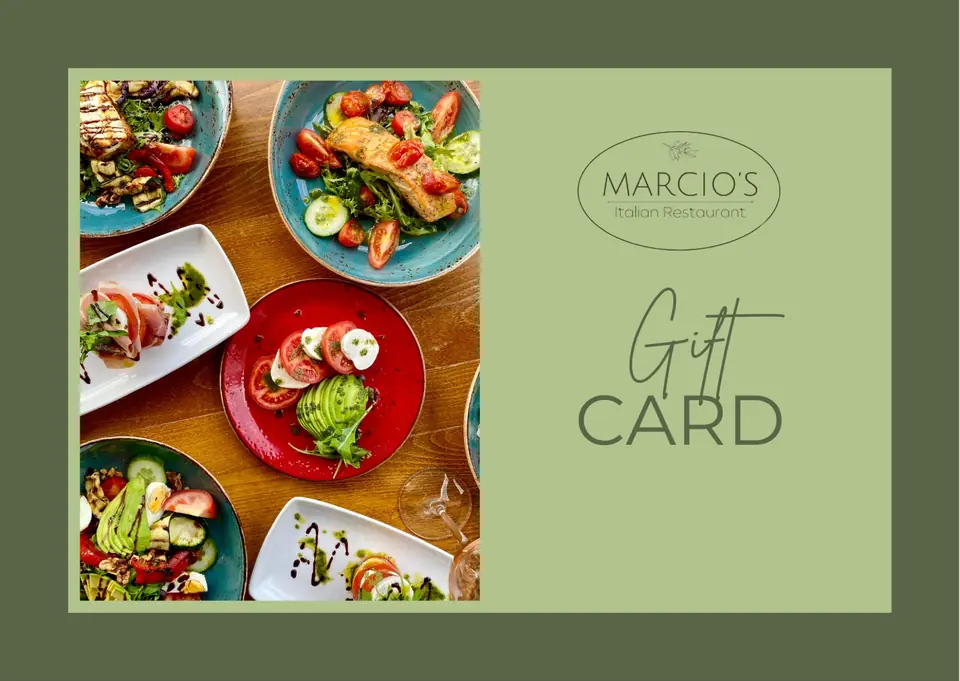 The Marcio’s eGift Card: dishes on glazed plates beside the Marcio’s logo, on sage green
